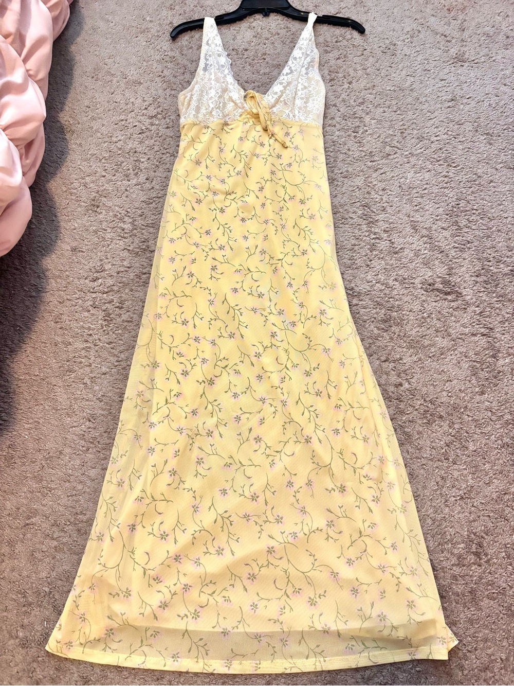 Lace-Trim Yellow Floral Maxi Slip Dress